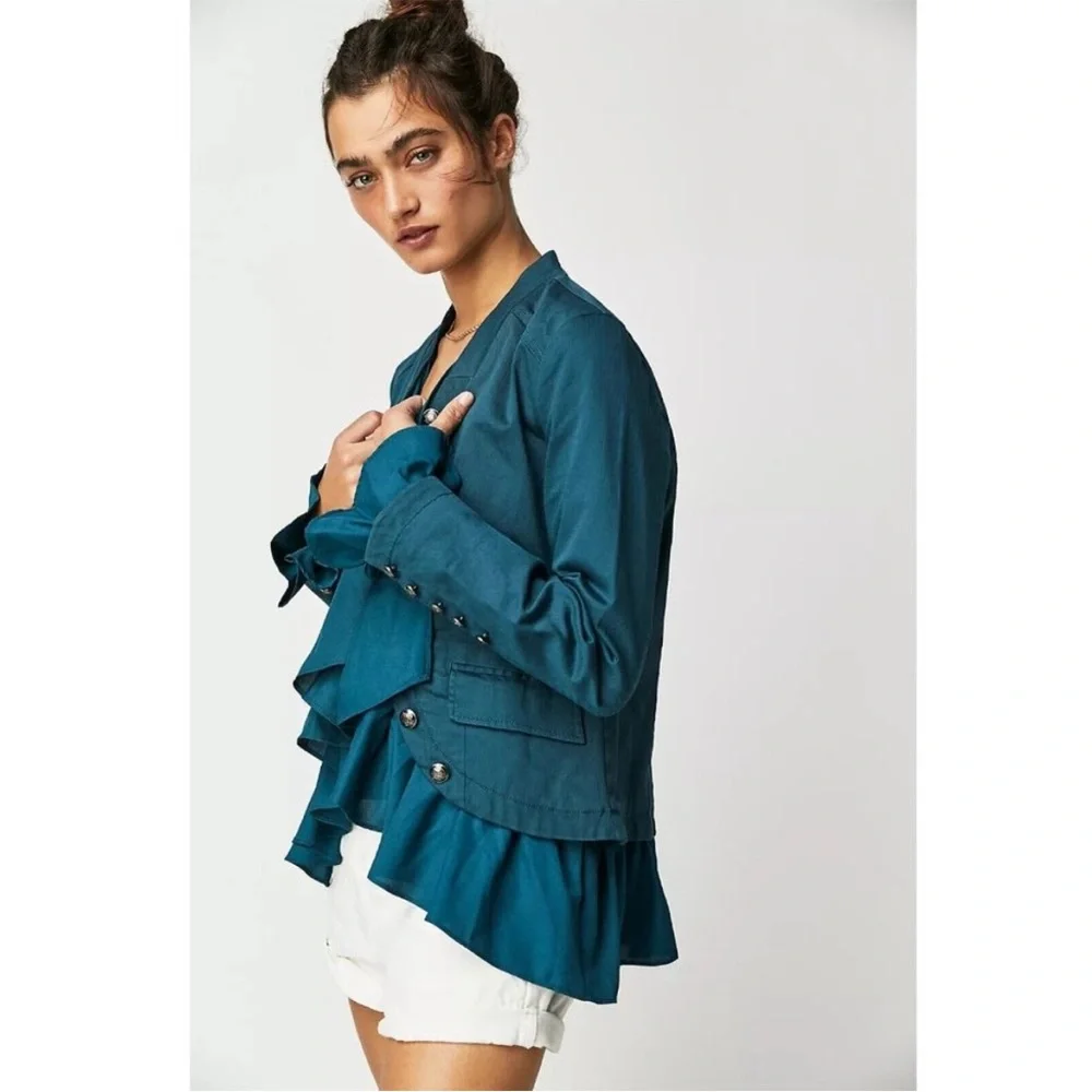Free People Ruffles Romance Jacket in Teal Jewel - Picture 9 of 9